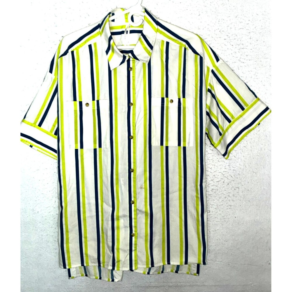 Anthropologie The Boxy Shirt Top Button up Neon Green White Striped 100% cotton